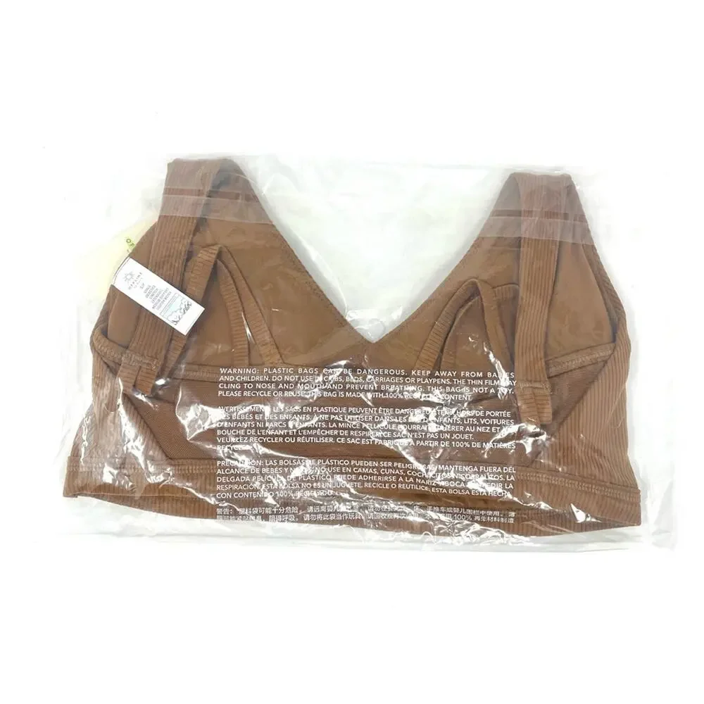 Aerie OFFLINE Ribbed Plunge Sports Bra w/ Back Mesh in Brown Women's Small $45 - Picture 6 of 8